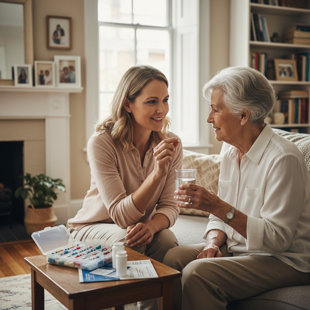 Opiekun podający lek starszej osobie w domowym otoczeniu, skupienie na dłoniach i tabletce