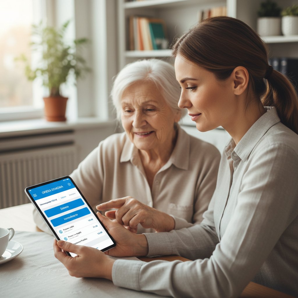 Osoba korzystająca z aplikacji do zarządzania opieką domową na smartfonie; widoczne polskie menu