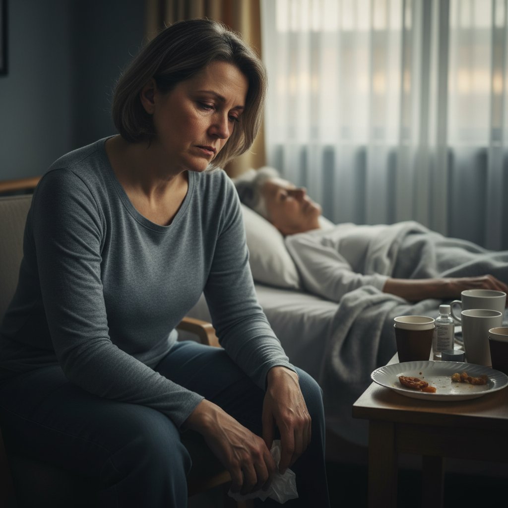 Młoda kobieta siedzi na łóżku starszej osoby, wyczerpana emocjonalnie, symbolizując presję opiekuńczą