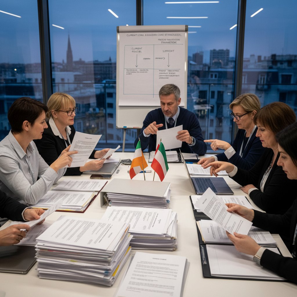 Dwoje opiekunów różnych narodowości porównuje dokumenty wsparcia opiekunów, Polska vs Europa