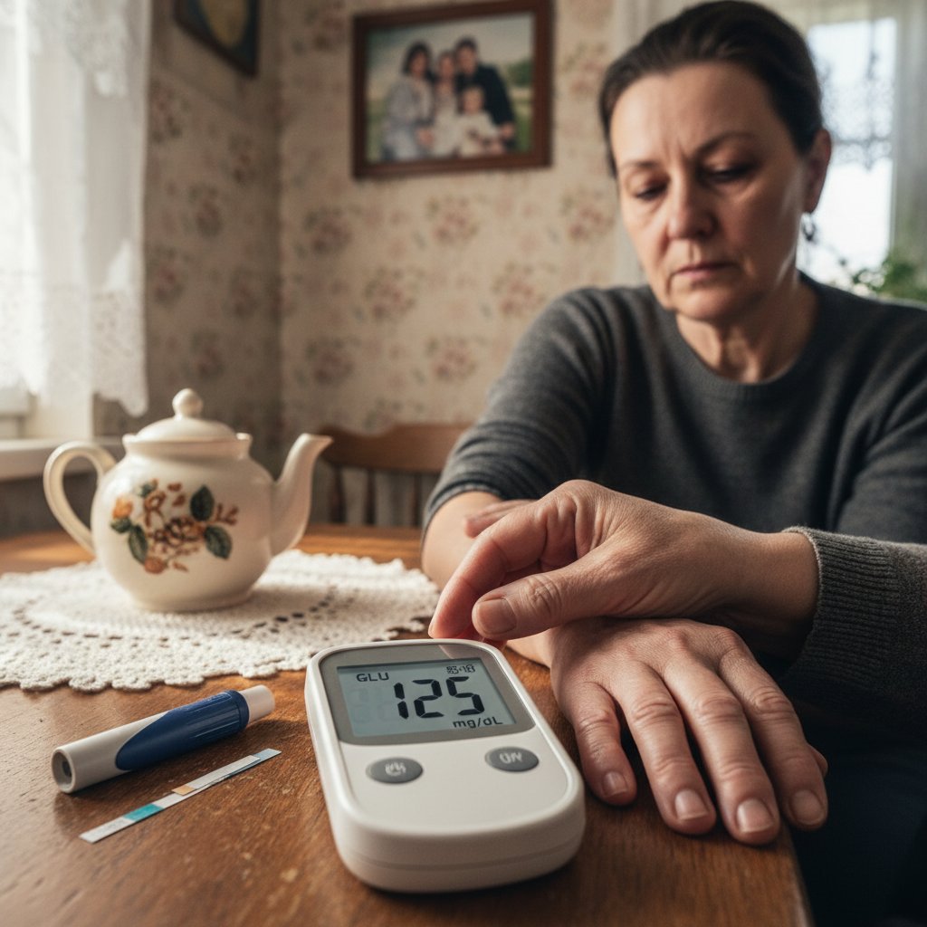 Ręka opiekuna sprawdzająca glukometr obok zmęczonego pacjenta w polskim domu