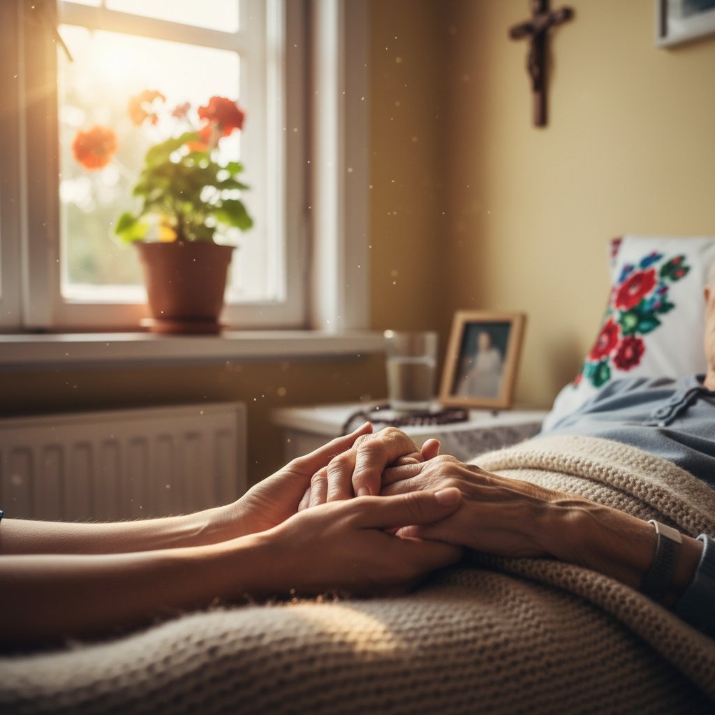 Seniorzy w polskim domu podczas opieki, opieka nad pacjentem leżącym w praktyce