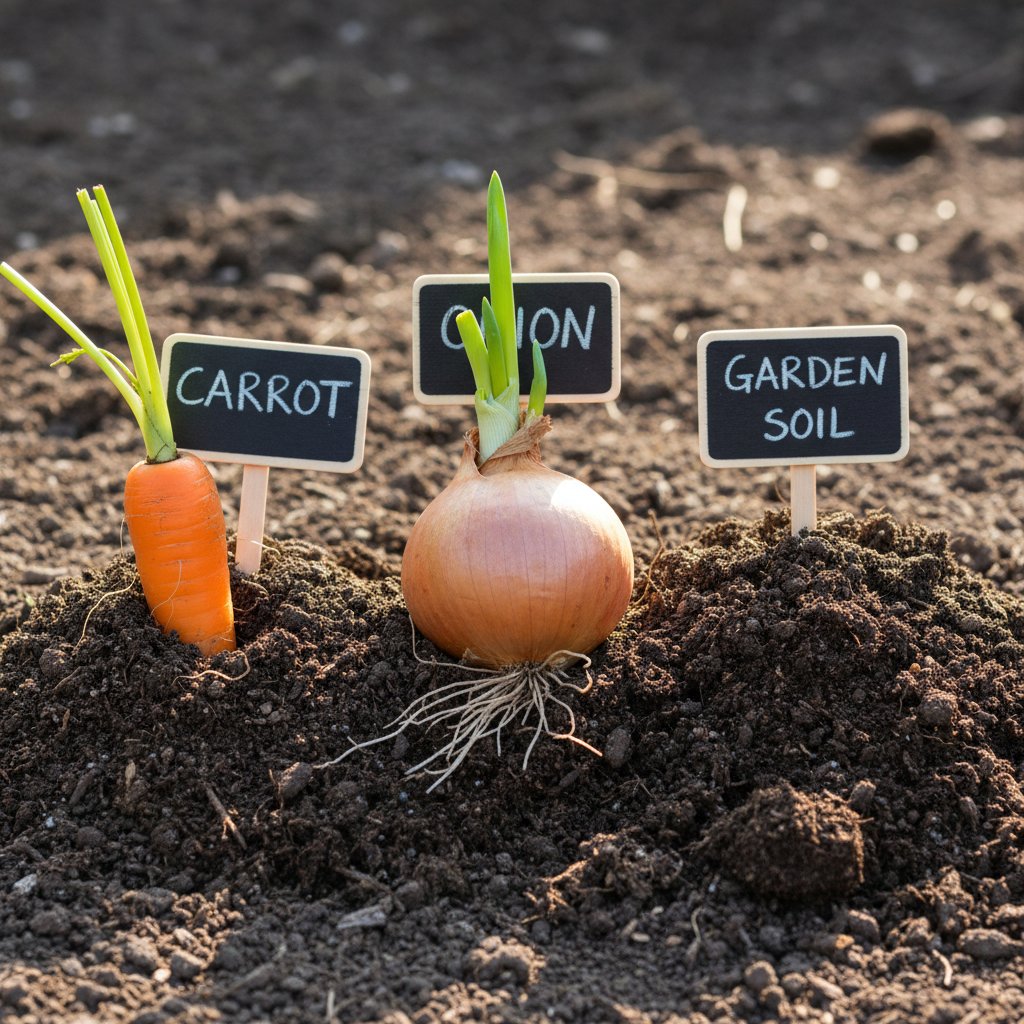 Marchew i cebula na jednej grządce, wyraźne różnice w kondycji w zależności od gleby