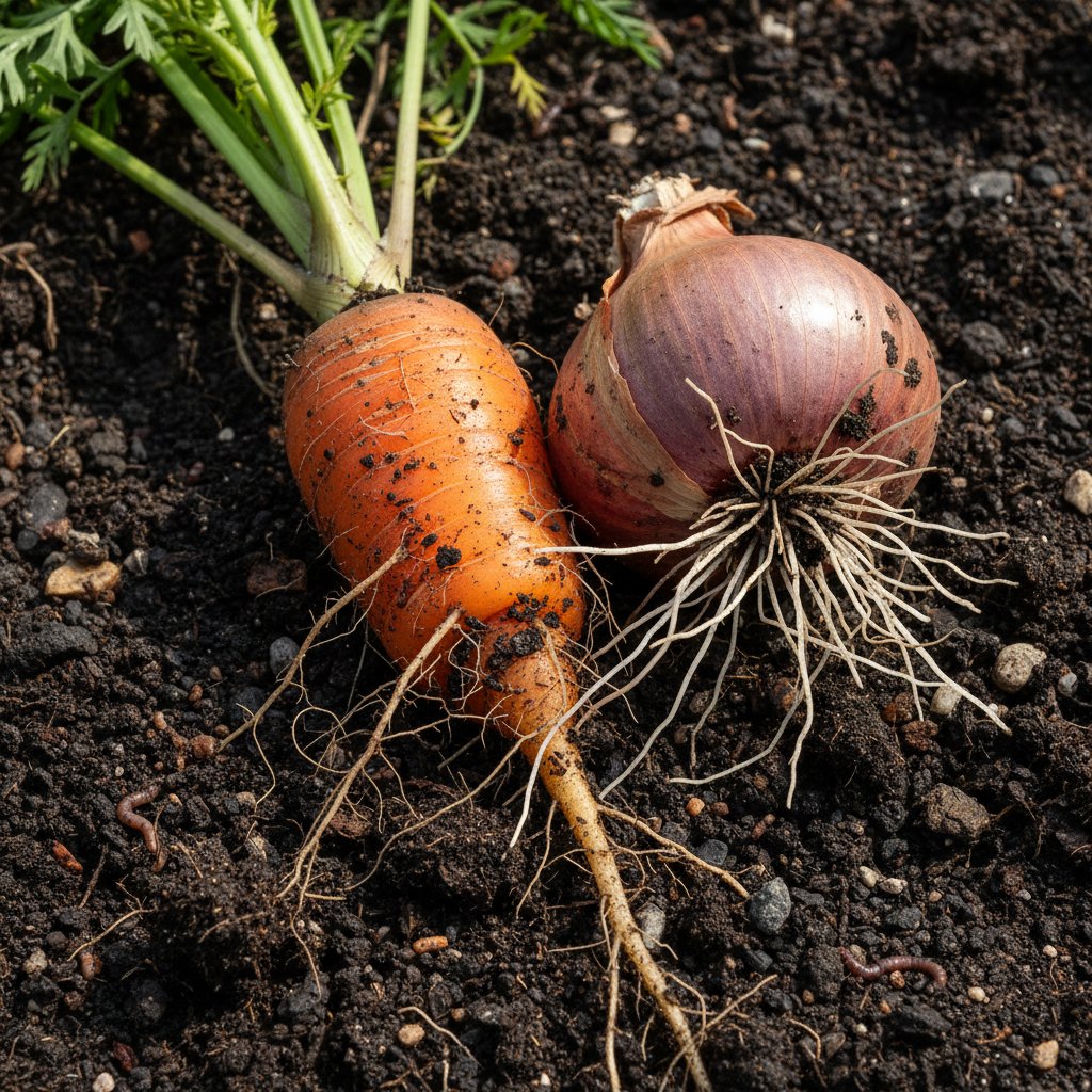System korzeniowy marchewki i cebuli pokazujący współpracę i rywalizację w glebie, ogród warzywny – zdjęcie realistyczne