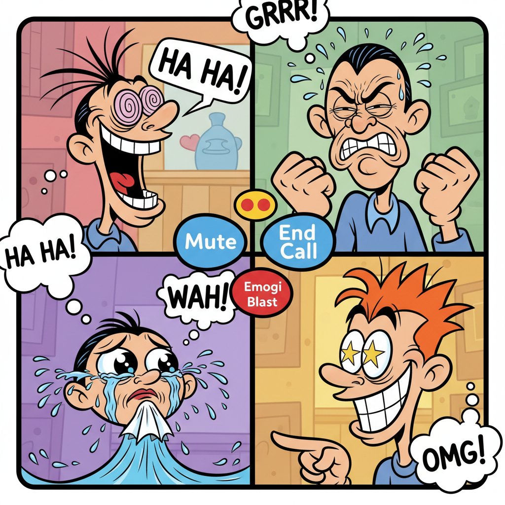 Wideokonferencja w stylu komiksowym, wyraziste miny uczestników – ilustracja netykiety w praktyce