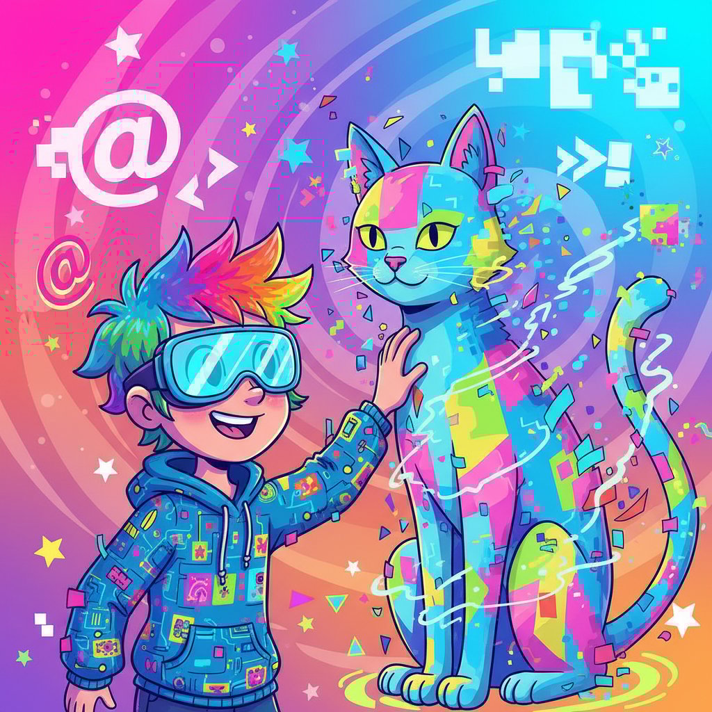 Komiksowa scena z użytkownikiem i wirtualnym kotkiem, który się zaciął – frustracja i zabawna sytuacja