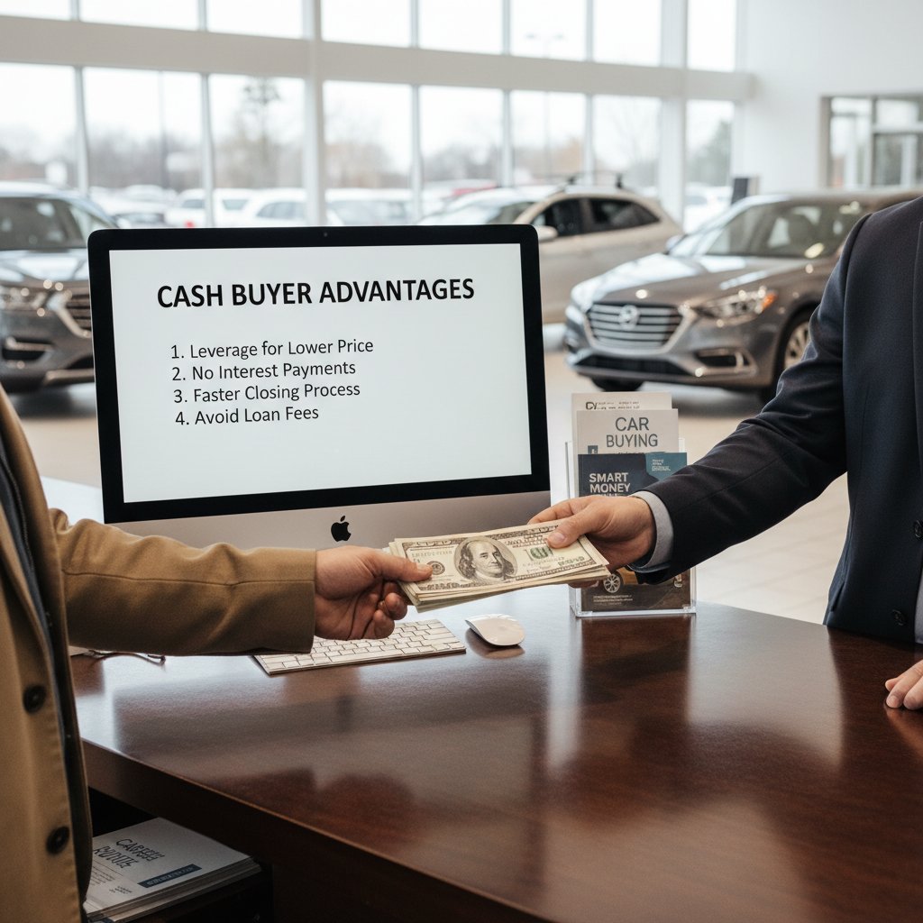 Close-up of cash exchanging hands at dealership counter, tense negotiation vibe, car buying tips for cash buyers