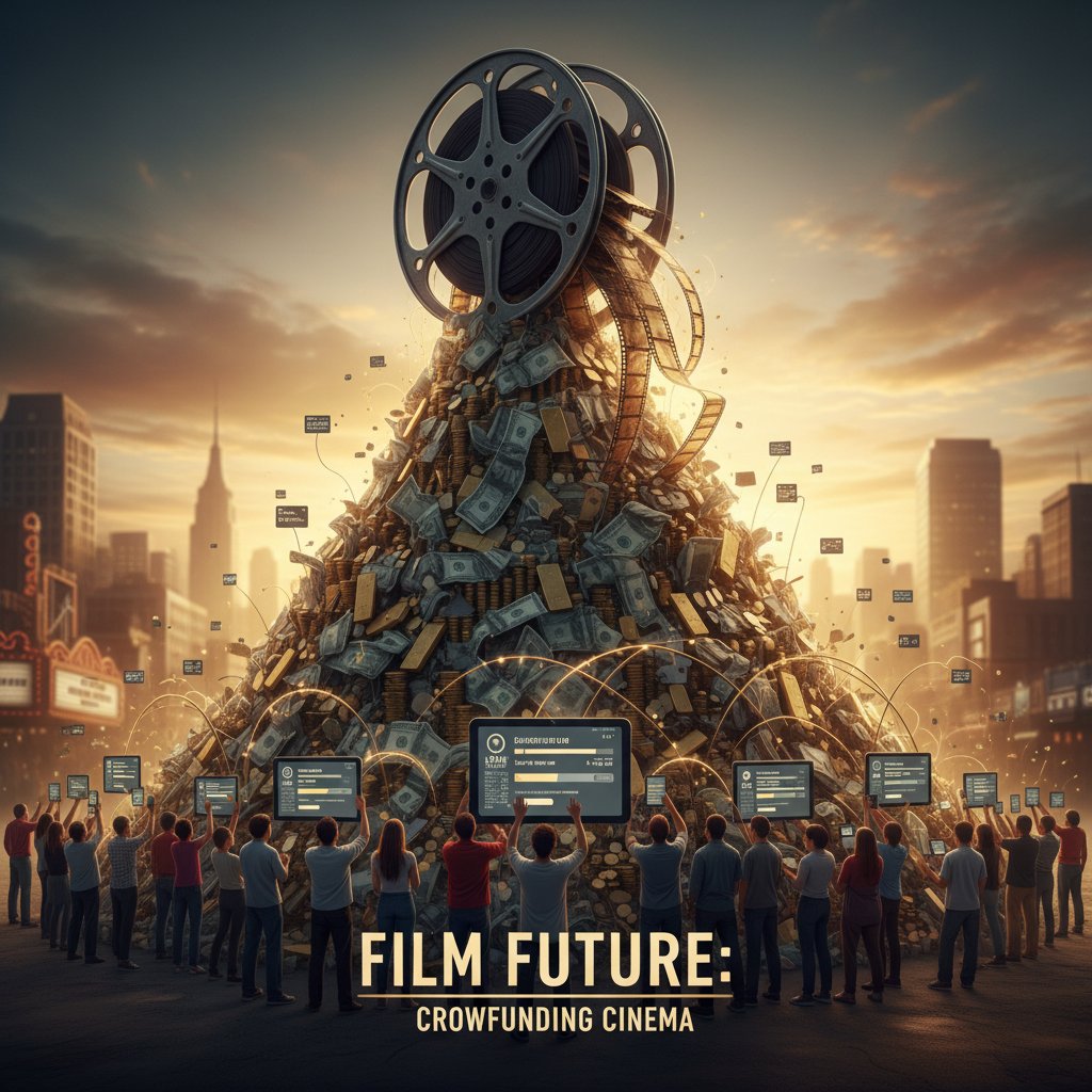 A pile of cash morphing into a spinning film reel, symbolizing the flow of crowdfunding money into filmmaking