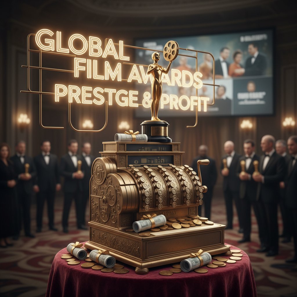 Split-screen of a cash register and a movie award, showing the link between money and movie awards