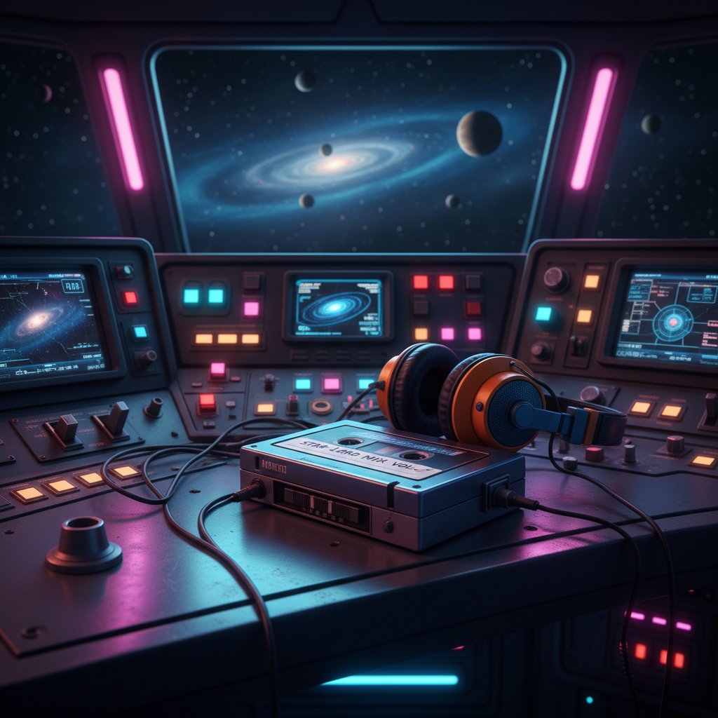 Cassette tape and headphones on a starship console, glowing neon lights, retro mood, guardians soundtrack vibes