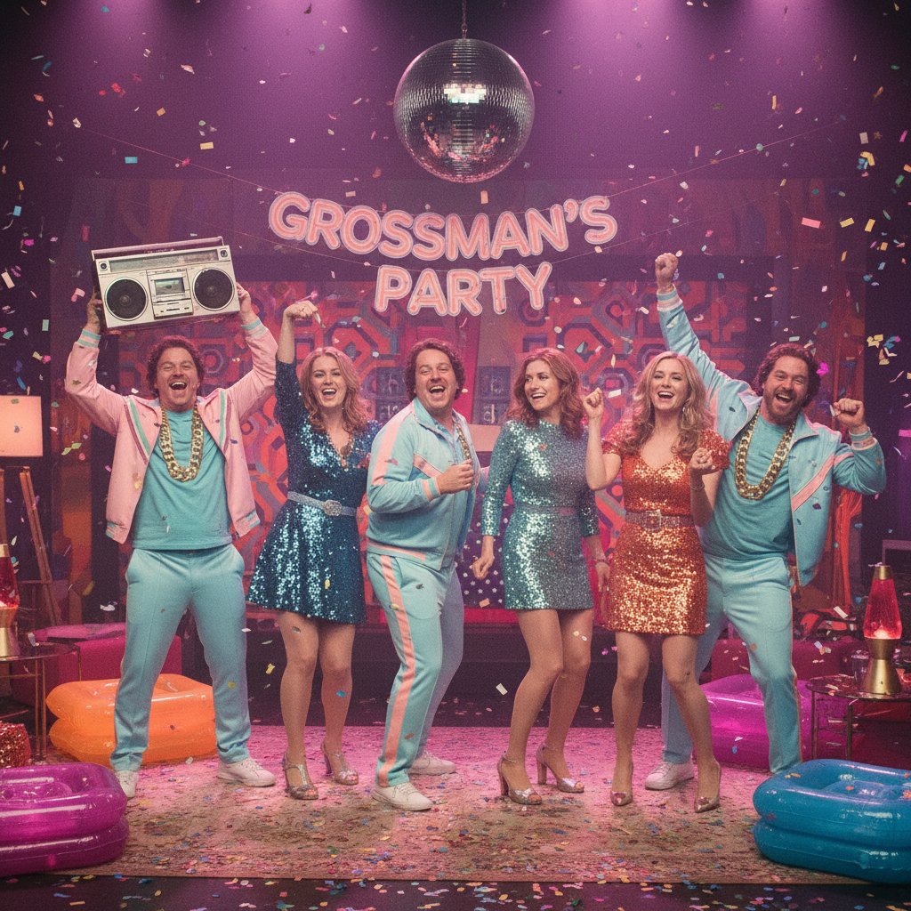 Chaotic group photo of the Knocked Up cast at a party, vibrant retro style