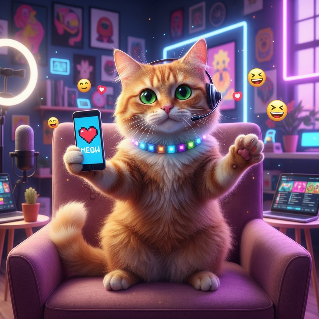 Kot z influencerem, telefon w ręku – motyw kultury cyfrowej i nowych mediów