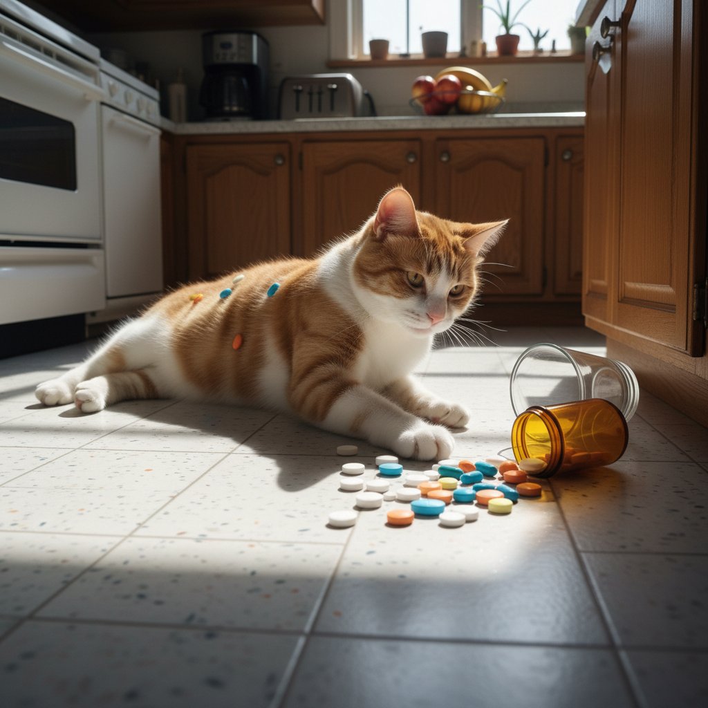 Kuchnia z rozsypanymi tabletkami, kot zbliżający się do nich, naturalne światło