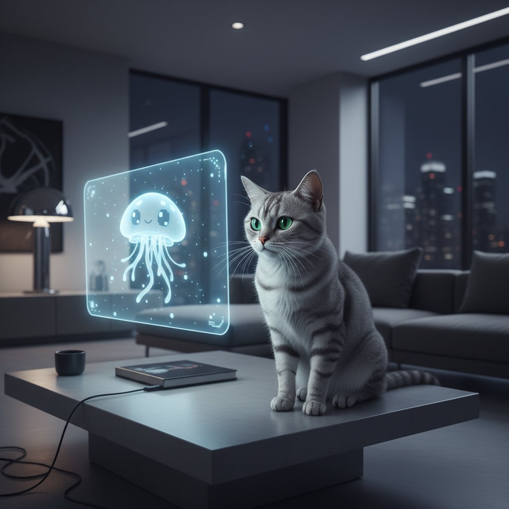 Kot w nowoczesnym wnętrzu, światło monitora – wirtualny kotek jako synonim nowoczesnej opieki