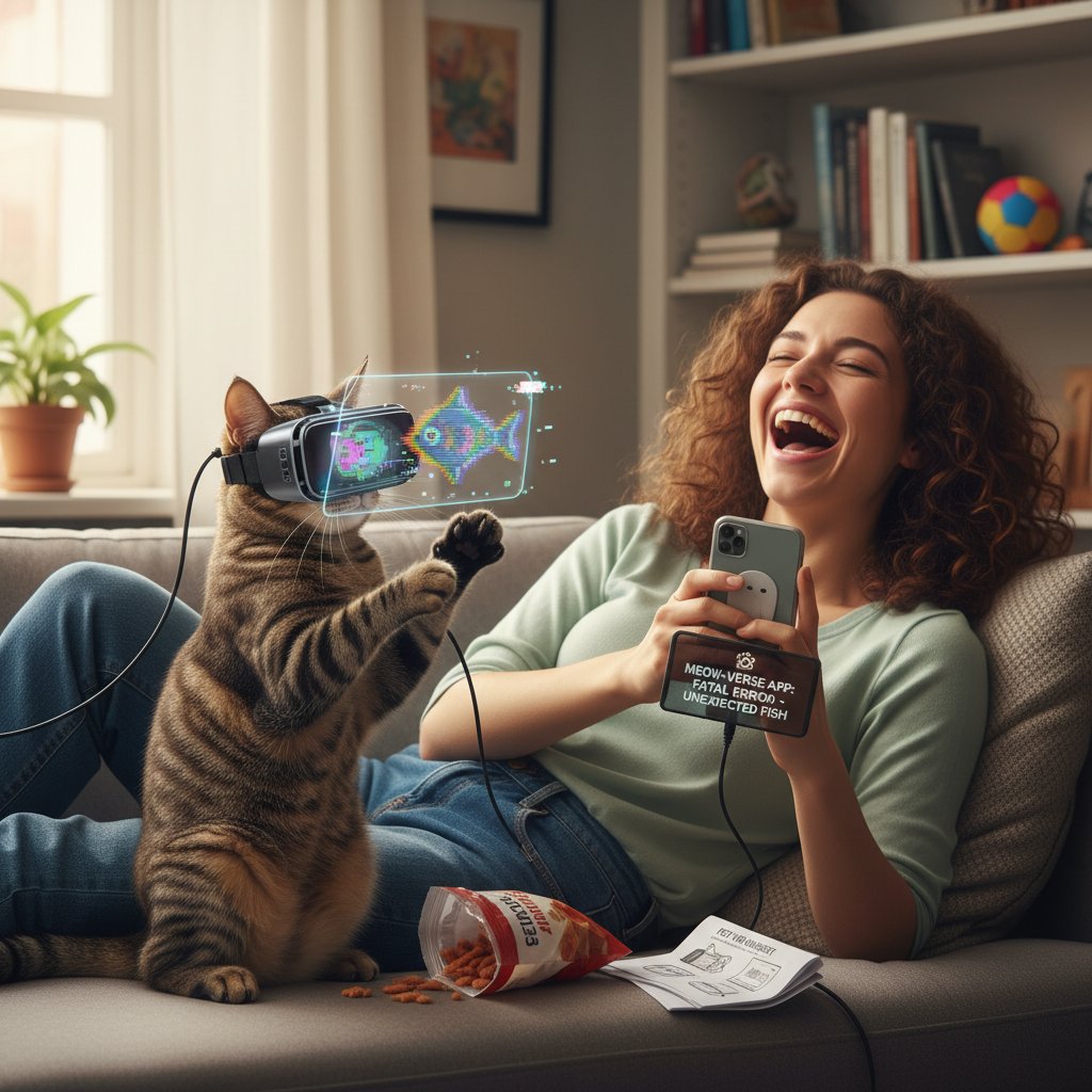 Kot i właściciel śmiejący się z wpadki aplikacji do opieki online – scena z życia