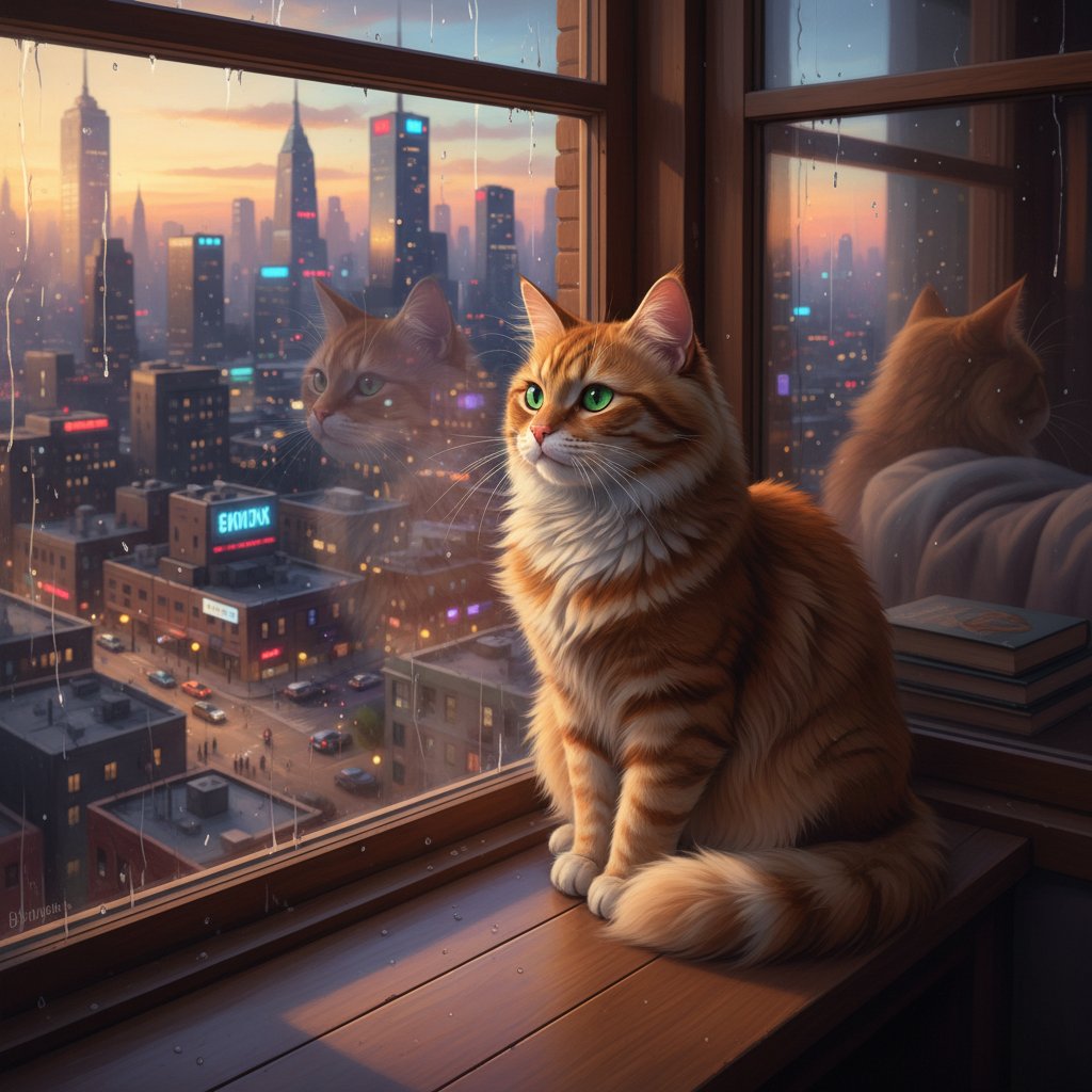 Kot siedzący na parapecie z widokiem na miejskie bloki, światło popołudniowe, atmosfera zadumy