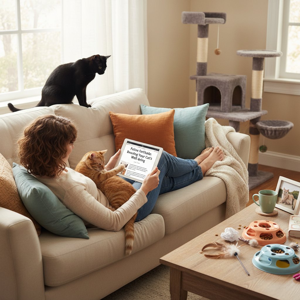 Opiekun kota czytający artykuł o szczepieniach na tablecie, kot leży obok, atmosfera domowego zaangażowania