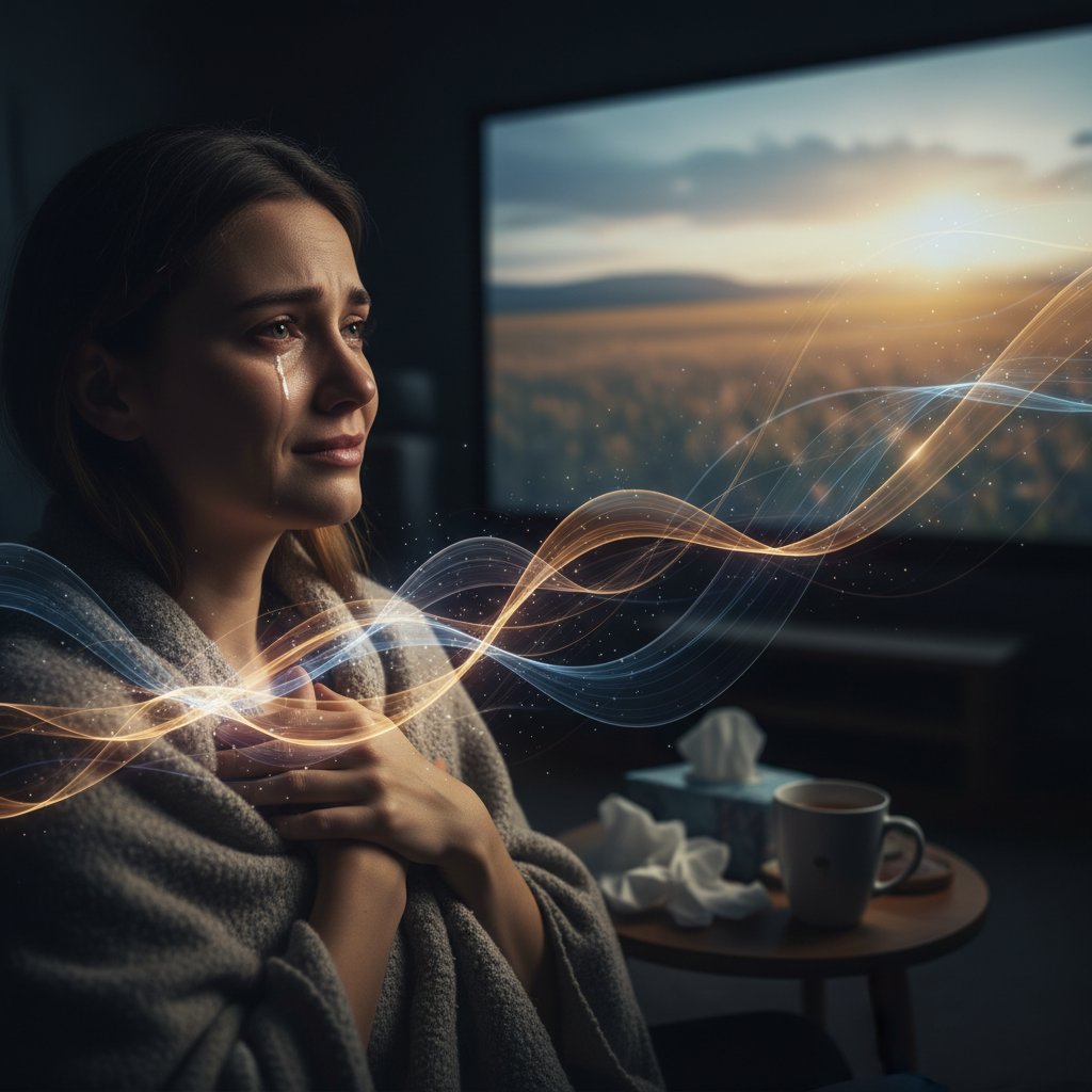 Person experiencing catharsis while watching a movie, illustrating the healing power of film
