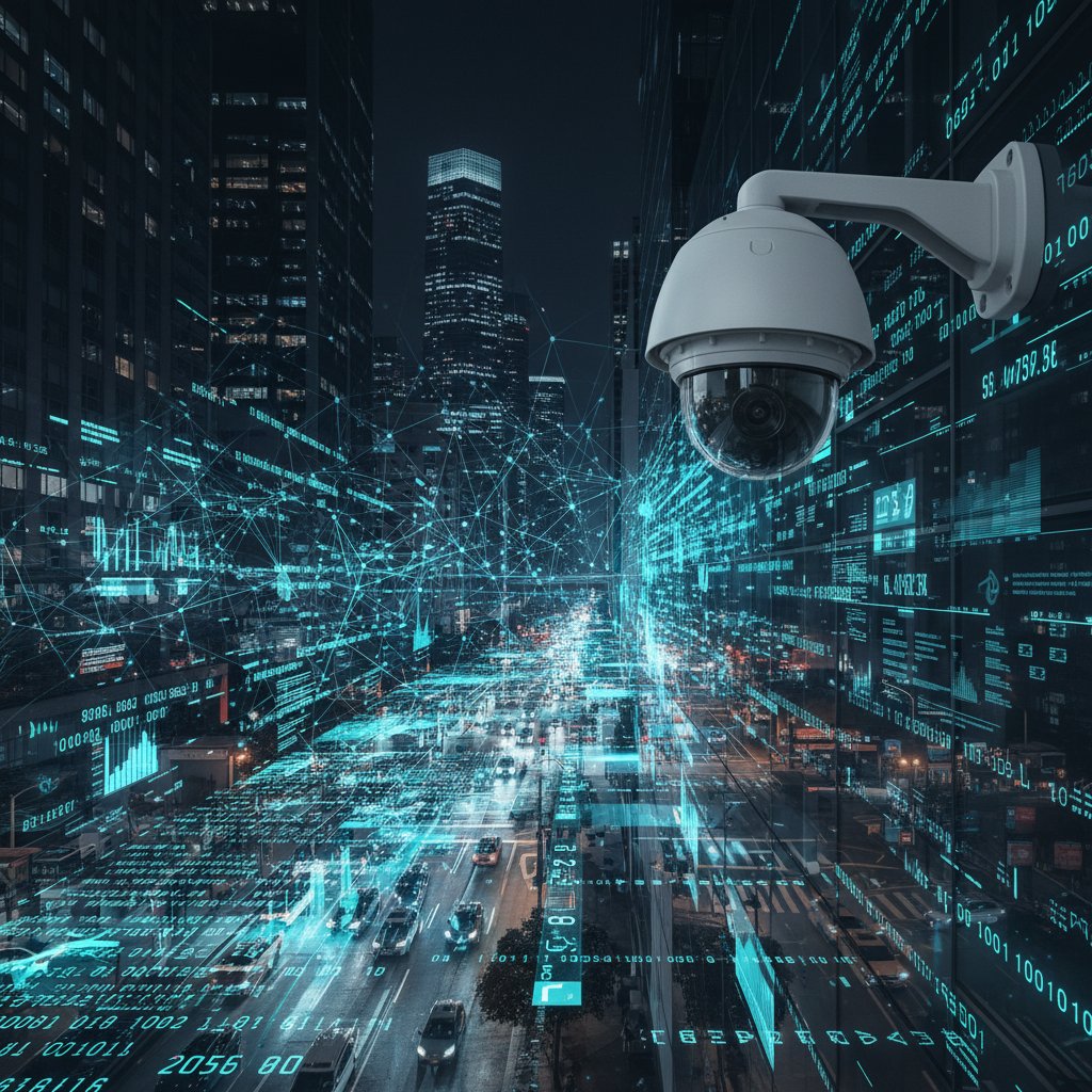 Photo of a CCTV camera in a city, digitally overlaid with data streams to symbolize surveillance and big data risks