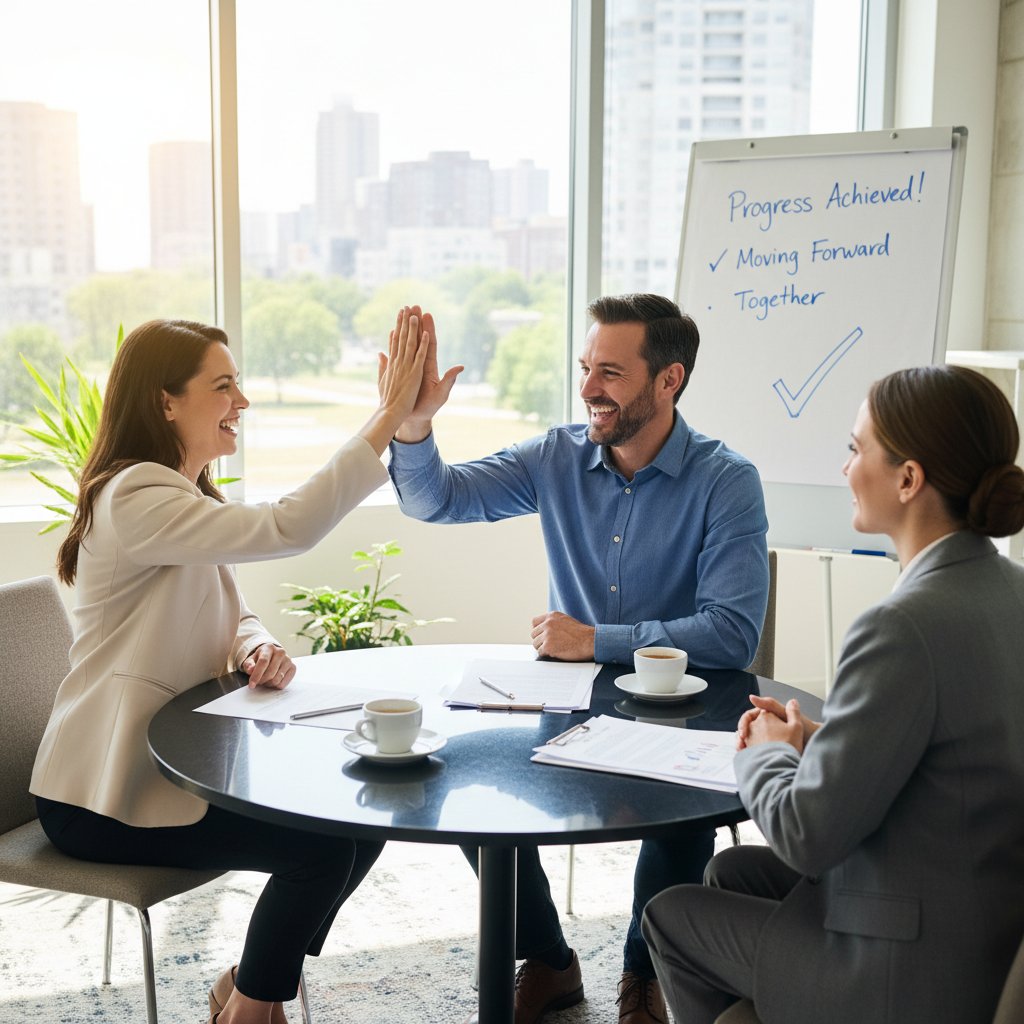 A couple celebrating with a high-five in their home, showing the satisfaction of progress in relationship conflict mediation