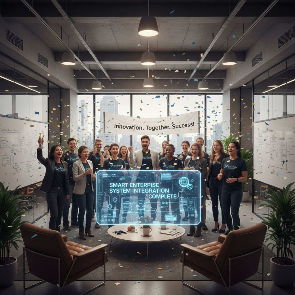 Celebrating team in a modern office, successful smart enterprise system integration