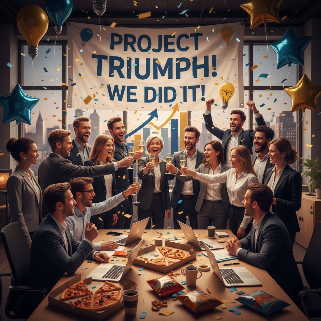 Zespół świętujący udany projekt po integracji, team success