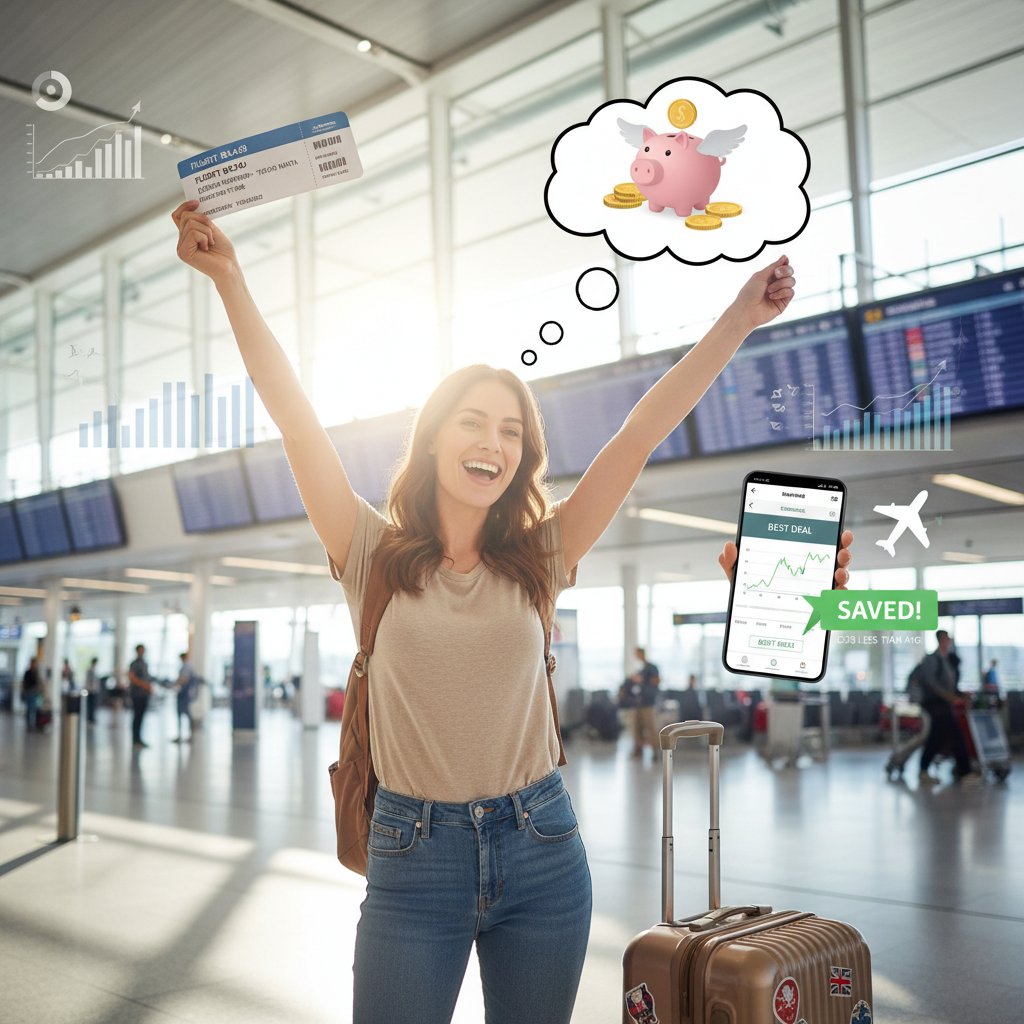 Triumphant traveler with boarding pass at airport, celebrating smart flight cost tracking win