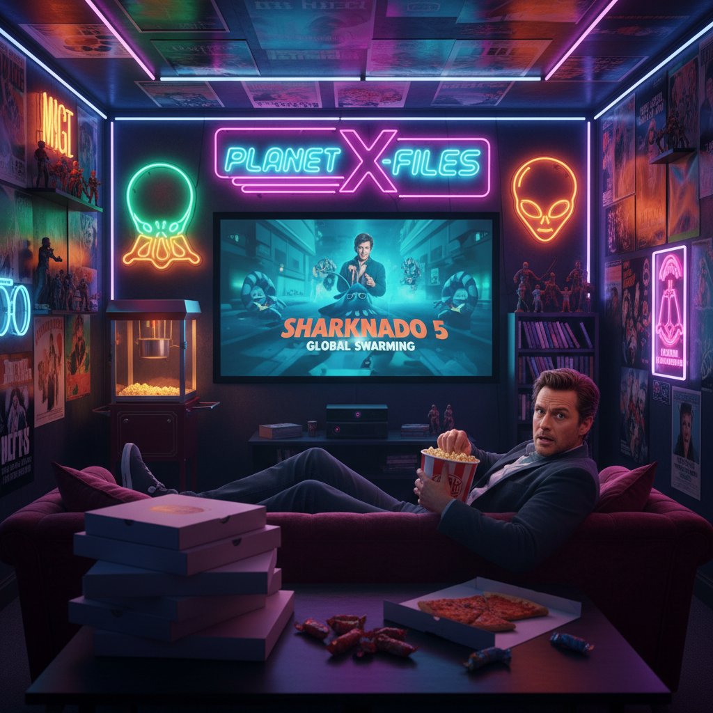 Celebrity watching a cult guilty pleasure movie at home, neon glow, vintage style