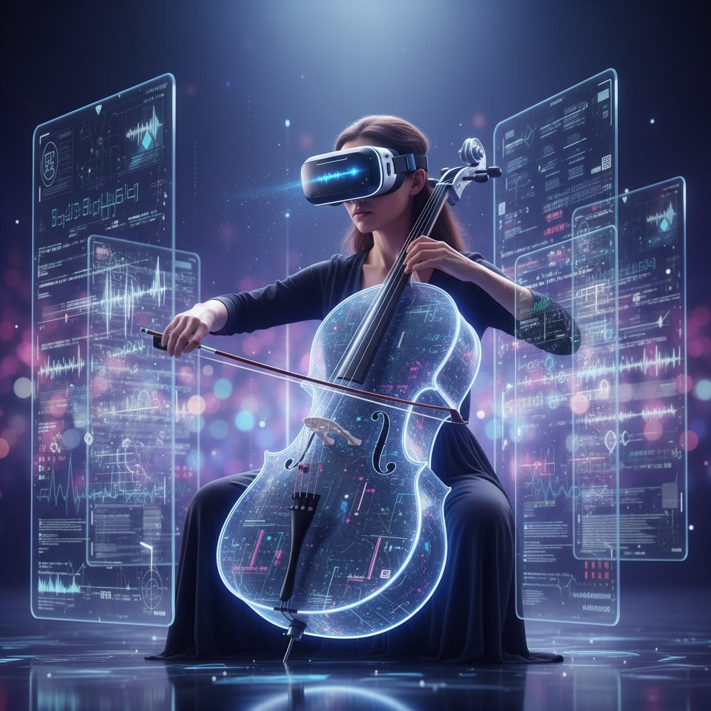 Osoba grająca na wiolonczeli w okularach VR, otoczona cyfrowymi panelami z nutami i wykresami dźwięku