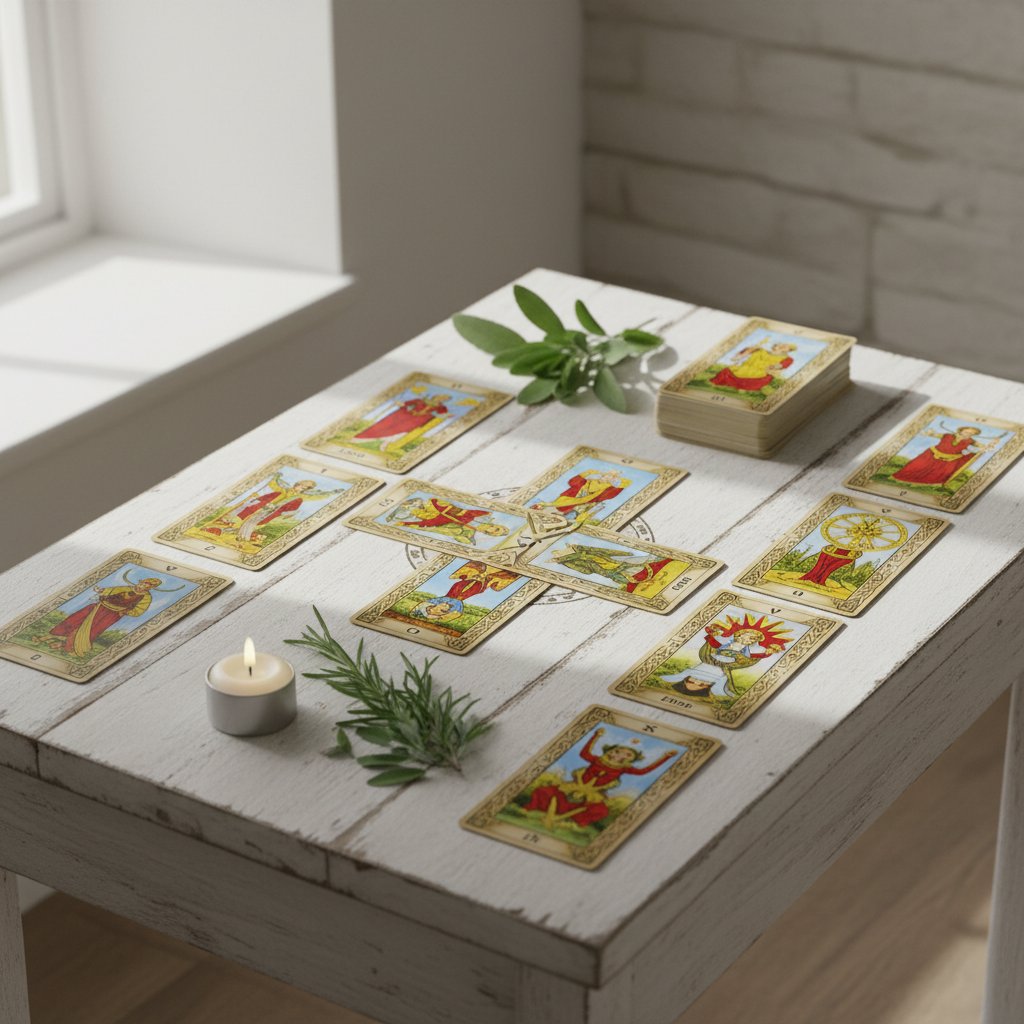 Rozłożone karty tarota na białym stole – klasyczny układ krzyża celtyckiego