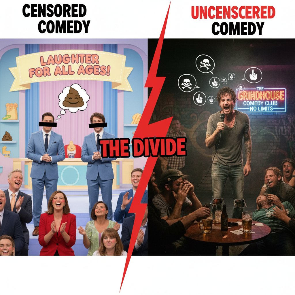 Two movie stills showing censored and uncensored comedy scenes, highlighting joke differences, raw authenticity, director’s cut concept