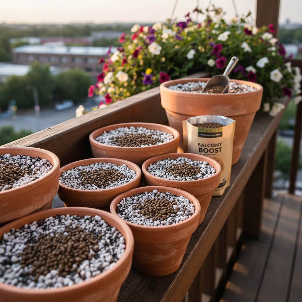 Donice ceramiczne z podłożem perlitowym i nawozem granulowanym na balkonie