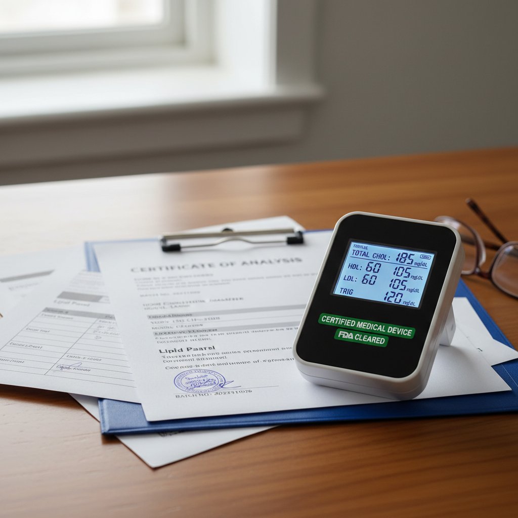 Zbliżenie na certyfikowany domowy analizator cholesterolu na tle dokumentacji medycznej