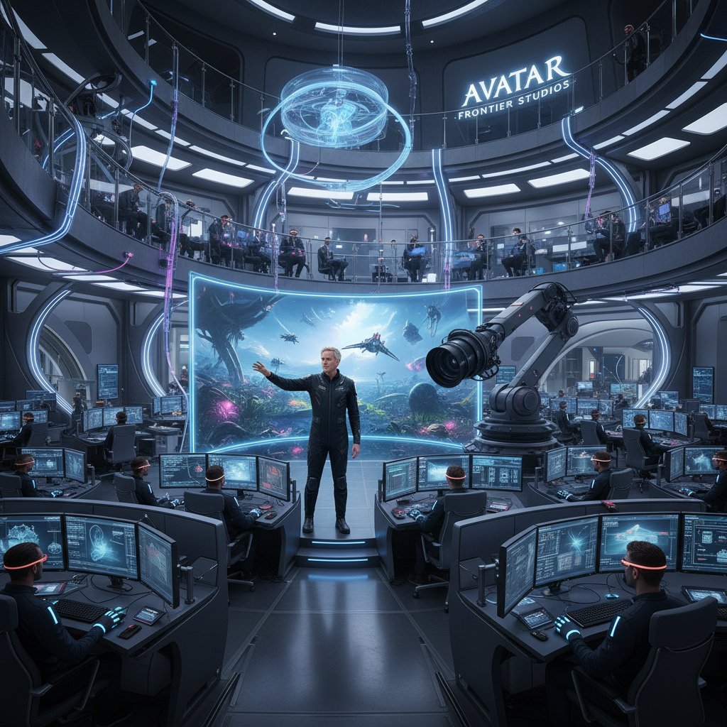 CGI artists at work on digital studio for James Cameron movies, futuristic environment