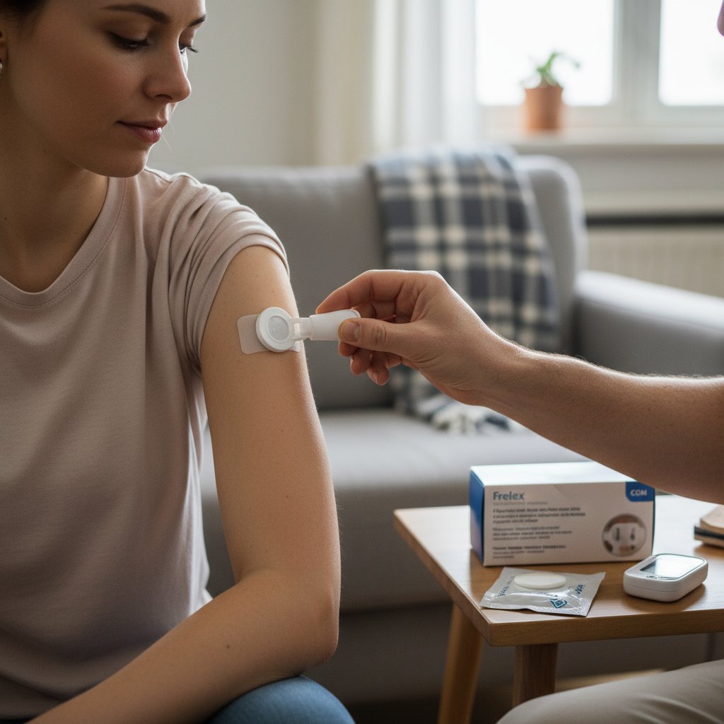 Osoba zakładająca sensor CGM na ramieniu, domowe warunki