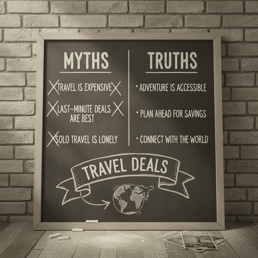 Chalkboard with myths and truths about travel deals, symbolizing misconceptions about companion fares