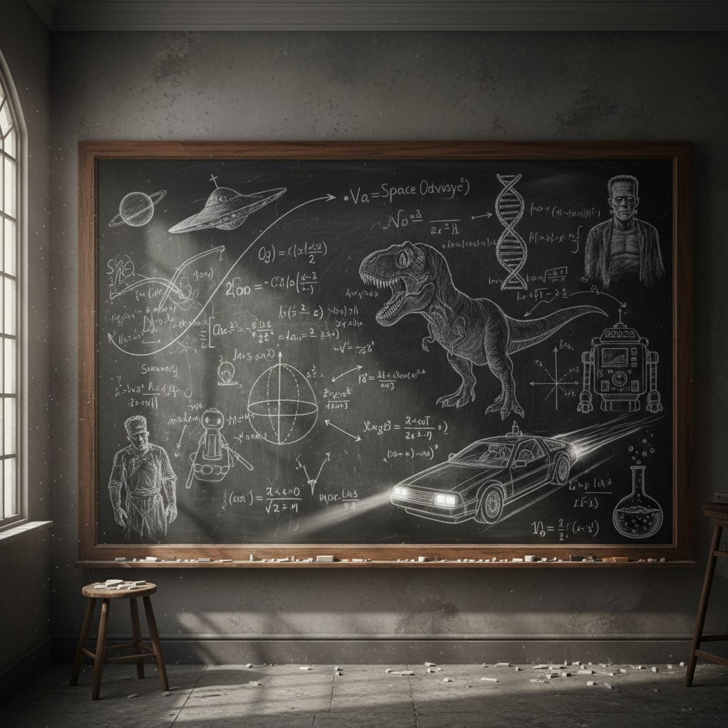 Chalkboard with scientific formulas morphing into film scenes, symbolizing the science behind parallel universe movies