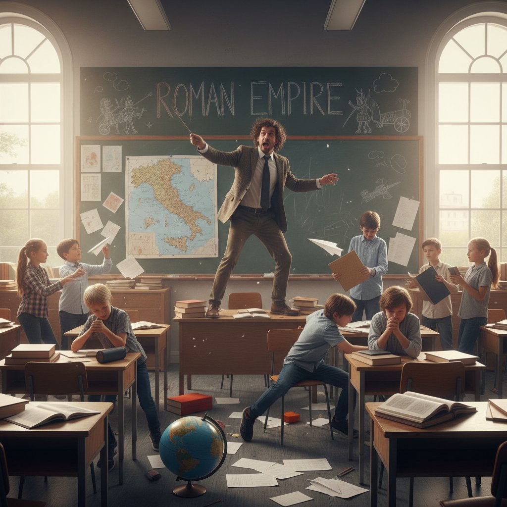 Sala lekcyjna z uczniami zaabsorbowanymi własnymi zadaniami, nauczyciel próbuje zapanować nad chaosem