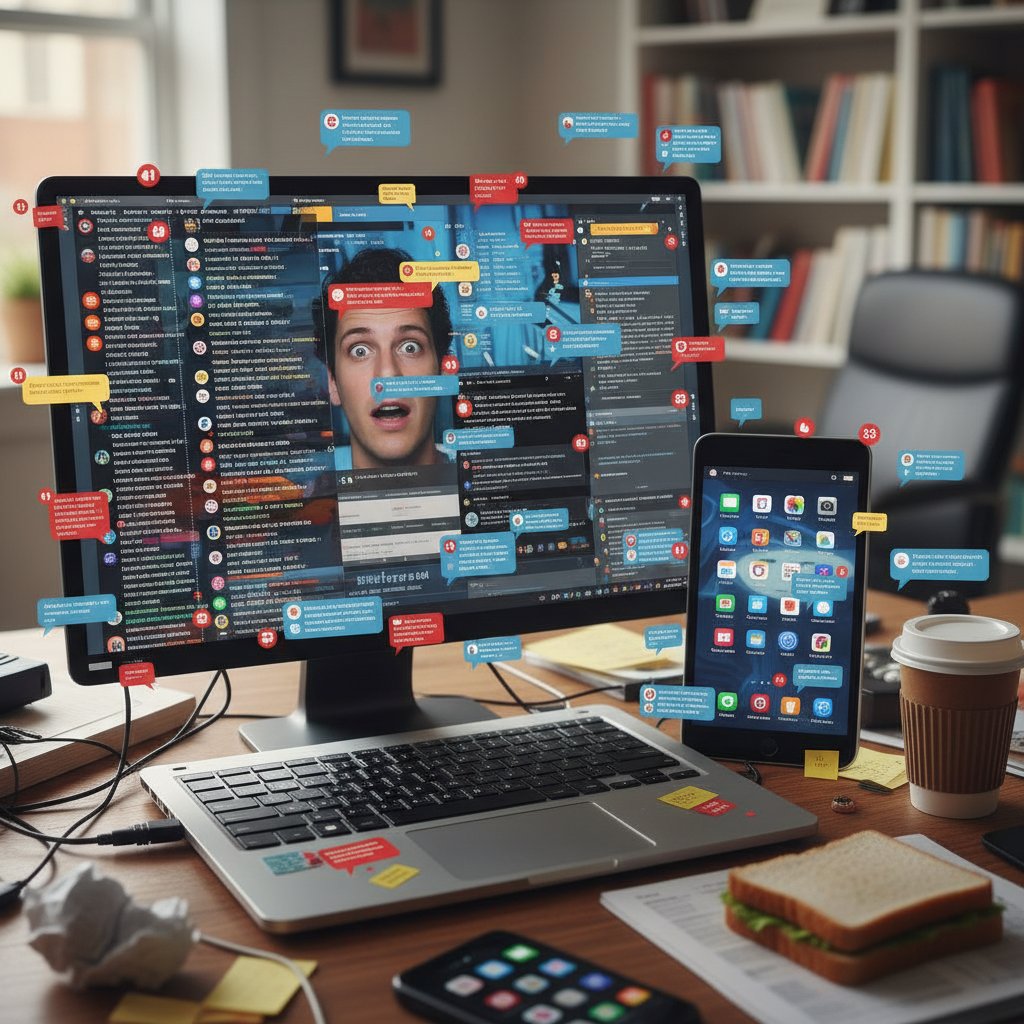 Zamazany ekran komputera z dziesiątkami powiadomień email, symbolizujący chaos w skrzynce odbiorczej