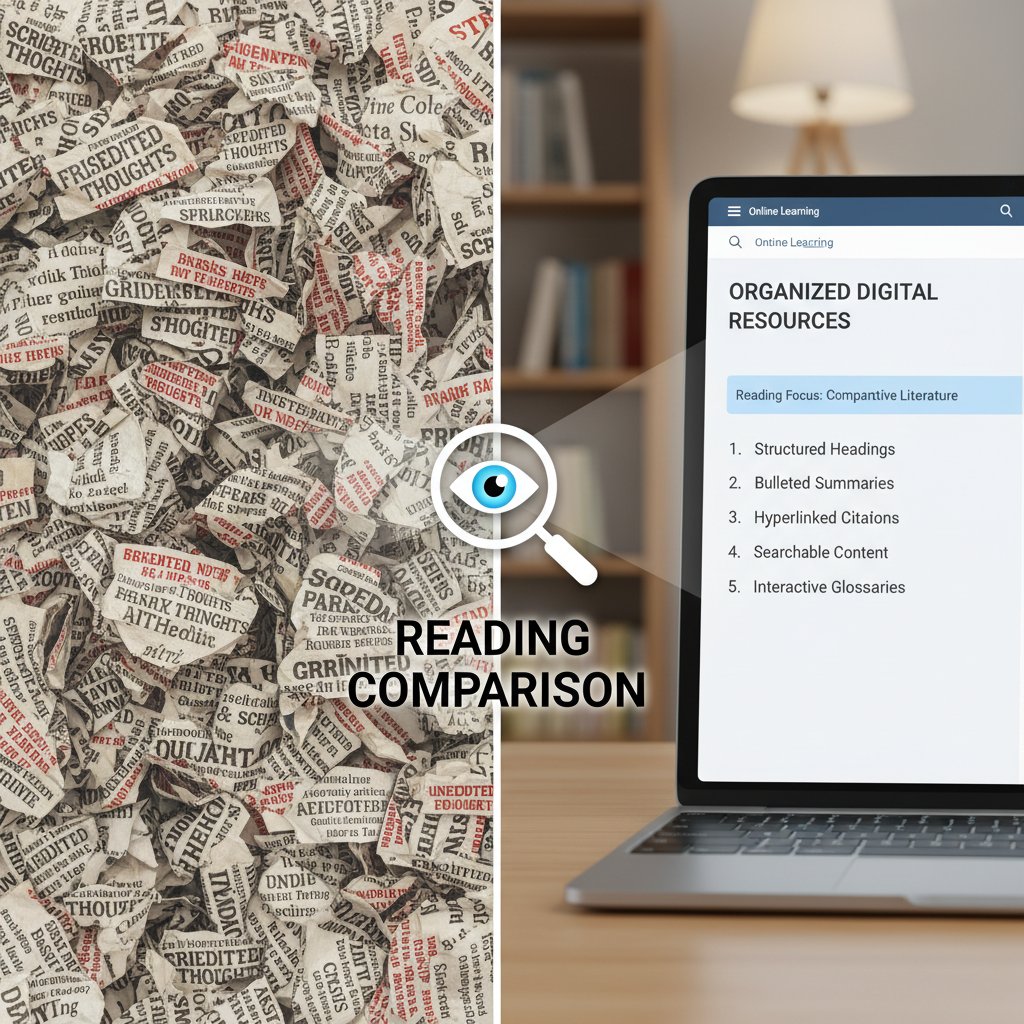 Porównanie ekranu z chaotycznymi tekstami i ekranu z uporządkowanym, przemyślanym materiałem do czytania