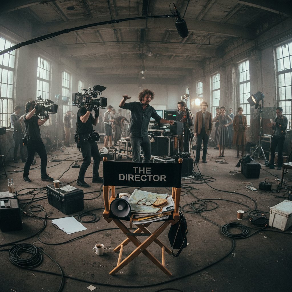 Symbolic image of creative chaos on a film set, director's chair tipped over and scattered scripts