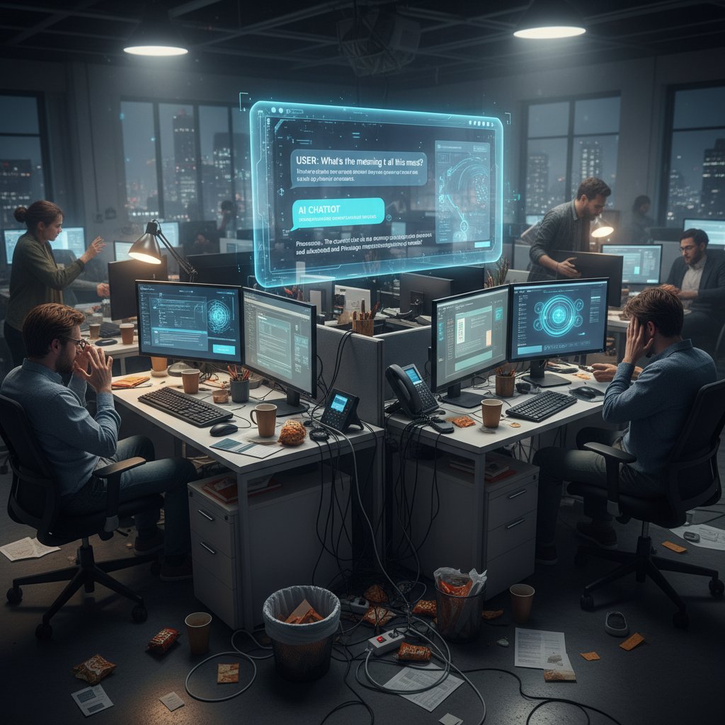 Stosy dokumentów i nowoczesny interfejs chatbota – zderzenie chaosu papierowego z cyfrową rewolucją