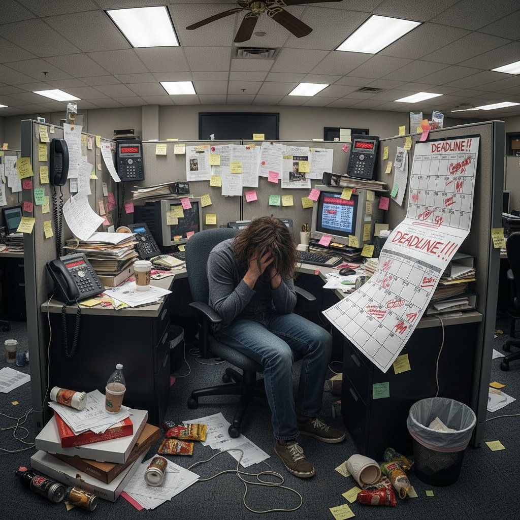 A chaotic office scene with professionals scrambling around, missed calls, and abandoned laptops, illustrating a day of calendar disaster