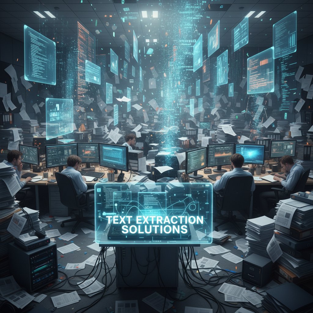 Chaotic office overflowing with paper and digital files, symbolizing the data avalanche and text extraction challenges