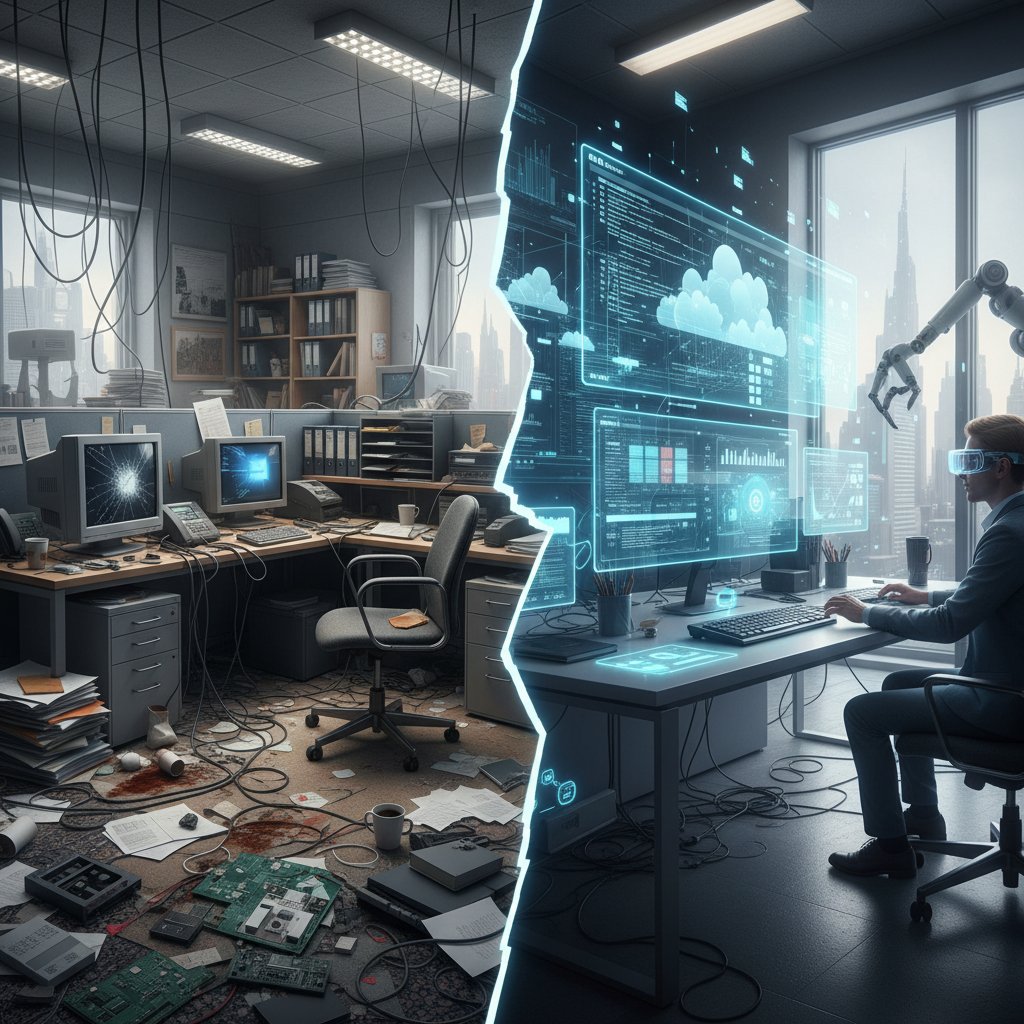 Split-screen photo: One office in chaos with paper and failed tech, the other sleek and organized with digital workplace tools