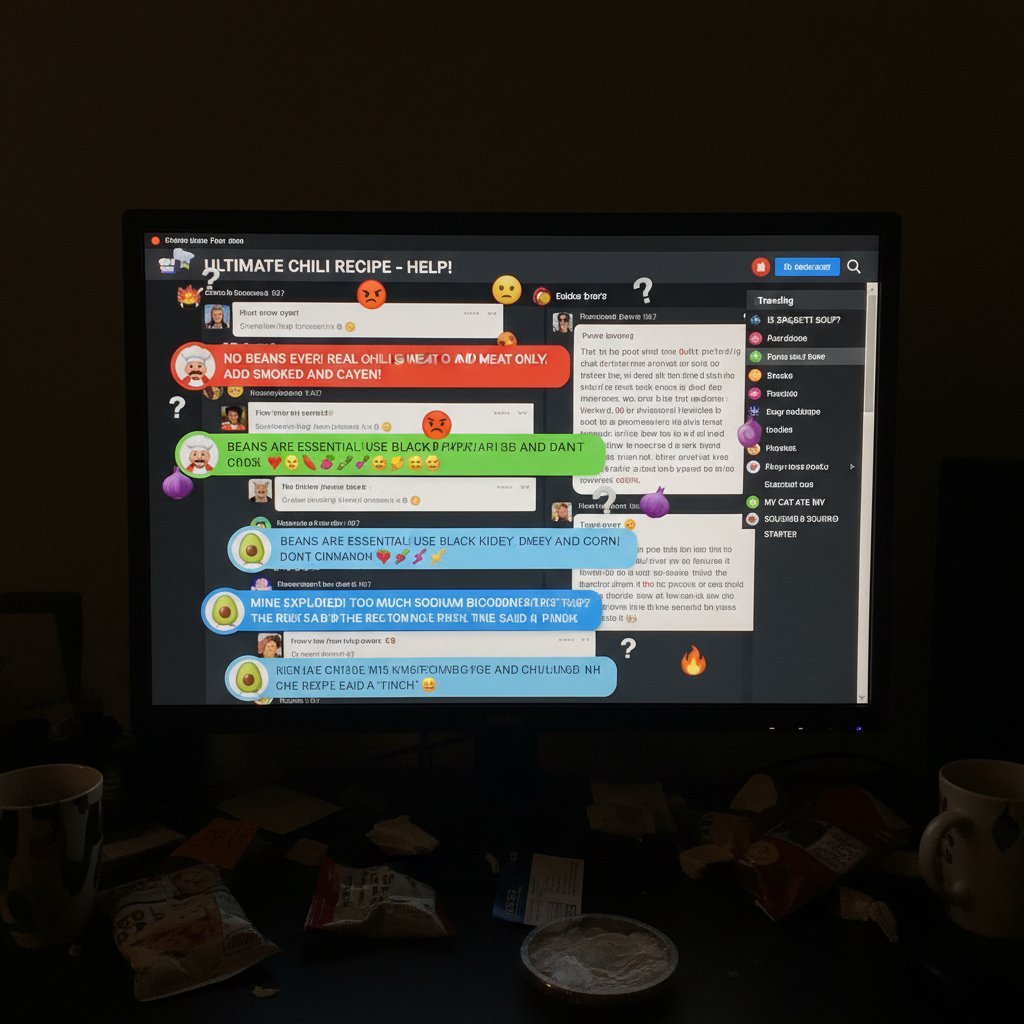 Obraz pełen sprzecznych porad kulinarnych z forów internetowych, chaos i brak spójności w przepisach