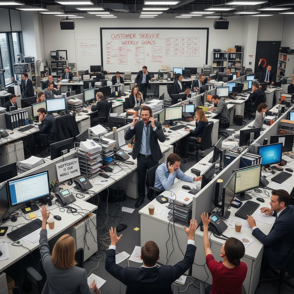 Zespół obsługi klienta przytłoczony ilością zgłoszeń, otwarta przestrzeń biurowa, wyczerpane miny