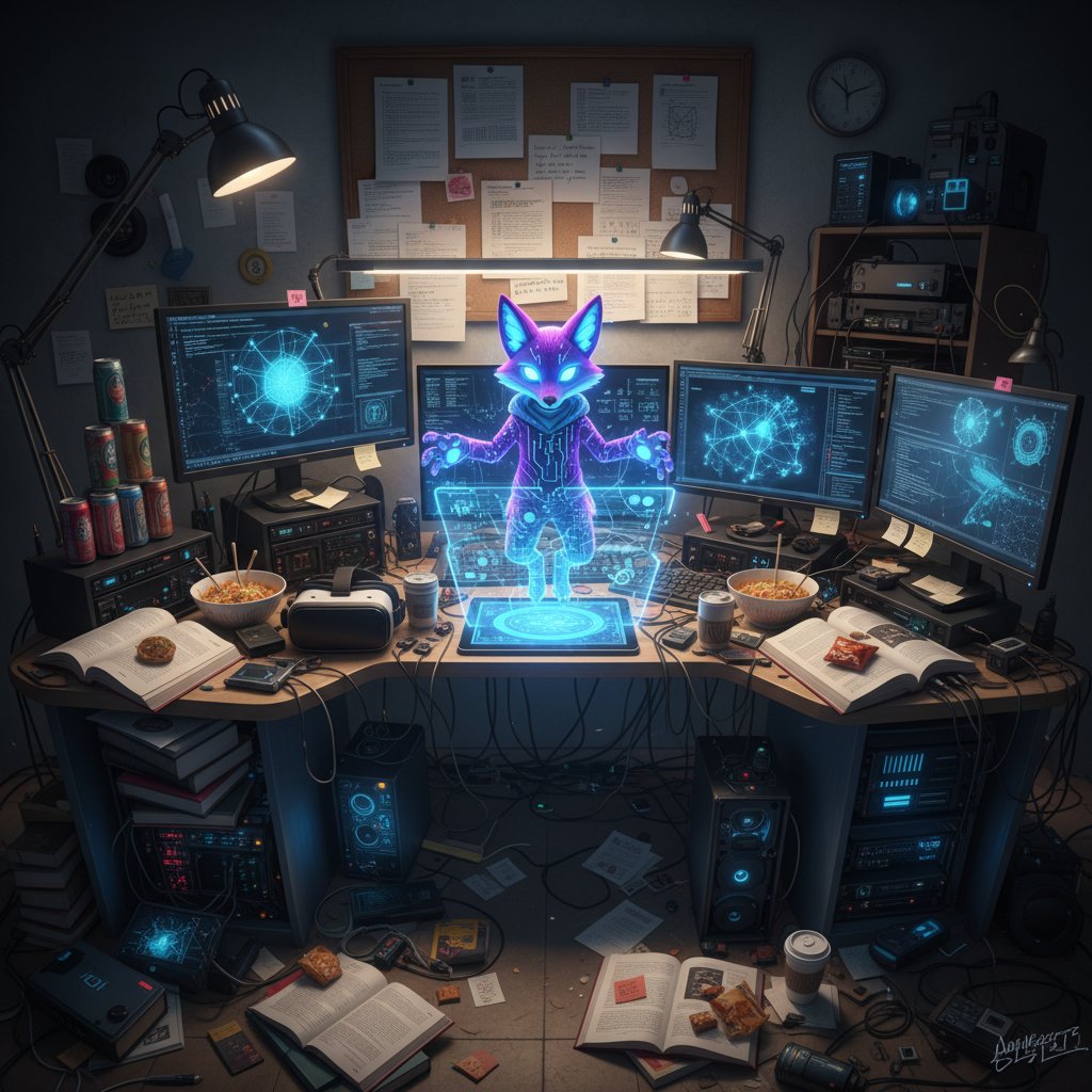 A chaotic research desk with papers, laptops, and a digital AI avatar overseeing the scene