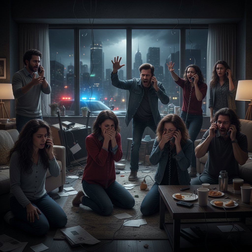 Ludzie w panice dzwoniący po pomoc w mieszkaniu, słowa kluczowe: błędy przy wzywaniu pomocy, panika, szybka pomoc medyczna