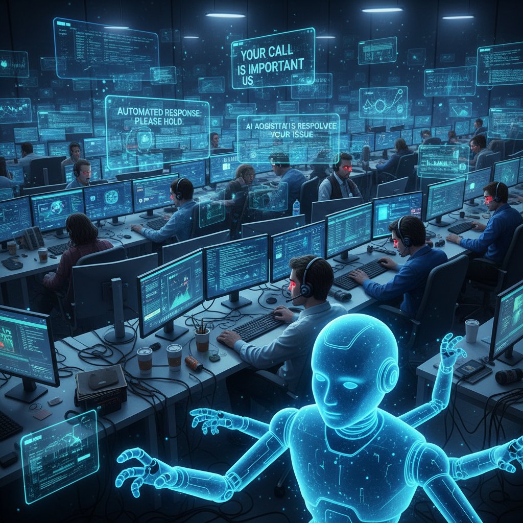 Chaotic support center with exhausted agents and digital overlays representing customer support automation